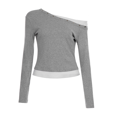 WEEKEEP 韩系少女撞色拼接假两件斜领长袖T恤百搭基础修身上衣