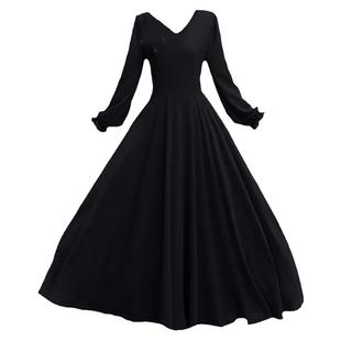 春夏新款长袖雪纺连衣裙女双层大摆显瘦沙滩裙大码中长款跳舞裙子