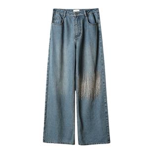 ICEDUST 秋季新款重工气质钉珠串珠流苏牛仔裤女宽松直筒裤