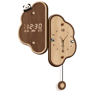 中古风客厅转角挂钟熊猫万年历电子双面时钟2026新款创意拐角钟表