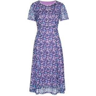 马天奴紫色印花网布连衣裙短袖圆领收腰坠感长裙子夏季新款女装