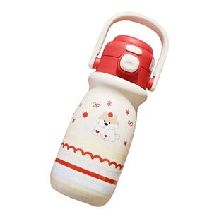 小奶狗卡通儿童双饮弹跳吸管水杯手提环便携随手杯子不锈钢保温杯