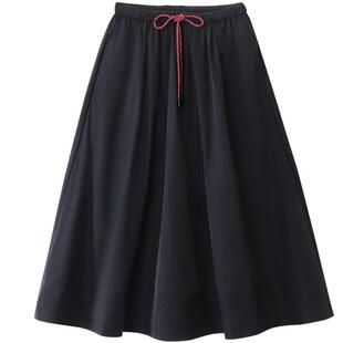 OVV2026春夏新款女装肌理感中腰撞色腰绳A字中长半身裙