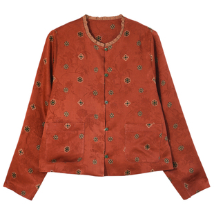 GESGOO重磅红云纱25姆米真丝桑蚕丝圆领上衣新中式提花短款外套女