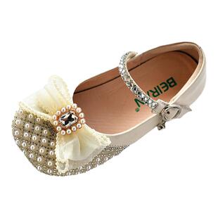 贝然童鞋女童真皮公主鞋水晶软底校园演出猪皮里透气女孩皮鞋甜美