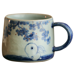 梵悦景德镇青花手绘小兔子咖啡杯柿子猫咪粗陶复古开片水杯马克杯