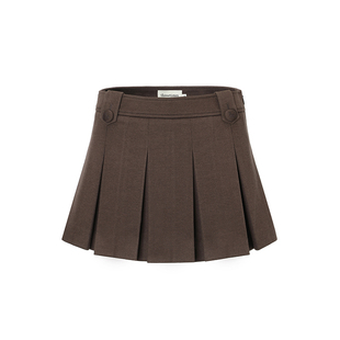 threetimes2025秋冬a字复古毛呢百褶半身裙短款小个子韩版短裙女