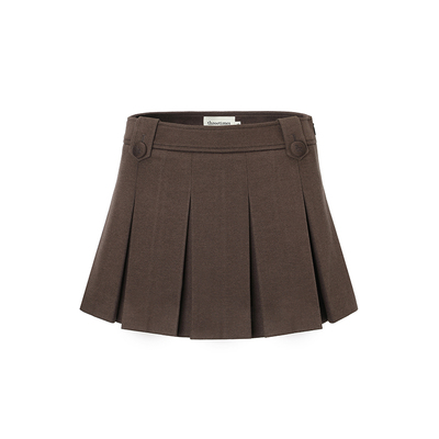 threetimes2025秋冬a字复古毛呢百褶半身裙短款小个子韩版短裙女