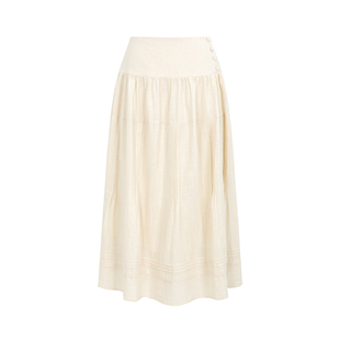 dorydory 米白色复古塔克褶伞裙 纯棉肌理中长款高腰半身裙女秋冬