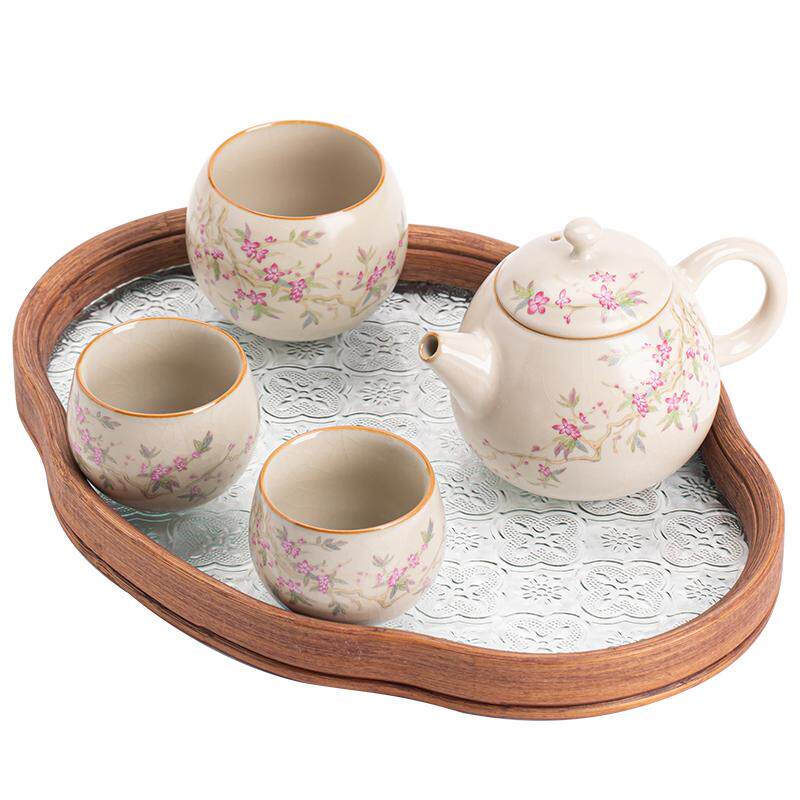 米黄汝窑陶瓷功夫茶具一壶三杯