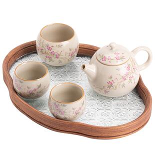 米黄汝窑陶瓷功夫茶具套装户外喝茶家用一壶三杯茶盘茶壶茶杯小套