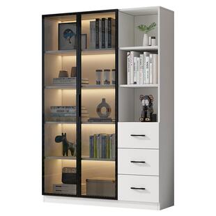 书柜推拉门落地玻璃门组合书架客厅储物展示柜定制轻奢书橱置物柜