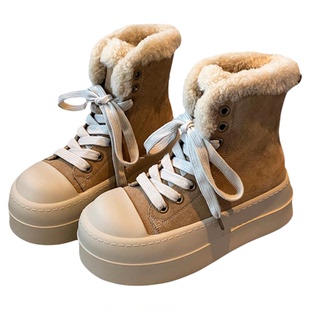 【TFM】磨砂牛皮休闲高帮鞋女厚底系带毛绒内里保暖百搭棉鞋女冬