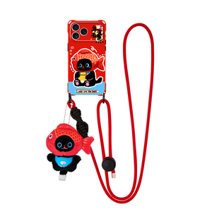 鱼头猫猫适用华为mate60苹果17promax手机壳小众红色iphone16挂件腕带15PRO新款pura70ultra挂绳背带13手提14