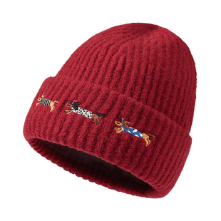 腊肠狗帽子女冬季可爱红色保暖护耳针织毛线帽圣诞新年厚围巾套装