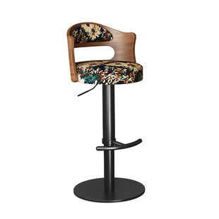 中古风木质靠背高脚椅家用吧台椅印花布艺坐垫可旋转升降酒吧椅子