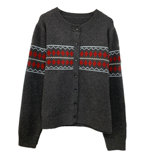 冬季费尔岛菱格拼色纽扣针织开衫女韩版宽松通勤百搭加厚保暖毛衣