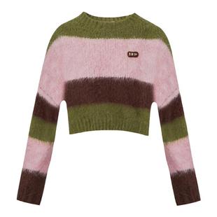 Kroche 羊毛混纺 撞色条纹 宽松休闲慵懒风拉毛感针织套头毛衣