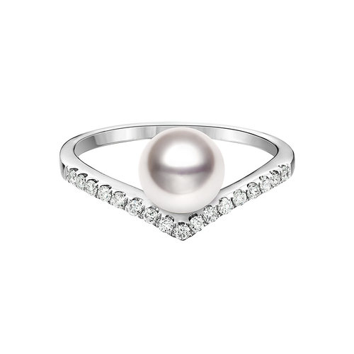 HELAS赫拉倒影系列高亮Akoya海水珍珠戒指18K金钻石珠宝礼物婚戒