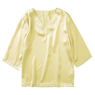 100%桑蚕丝女士睡衣单件V领上衣七分袖中袖真丝素绉缎家居服上装