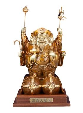 纯黄铜大黑天财神摆件三面大黑天招手八运财神像客厅店铺开业礼品