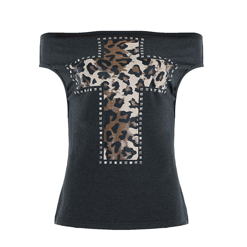 WEEKEEP 街头亚比Y2K豹纹十字架烫钻一字肩短袖T恤女修身显瘦上衣