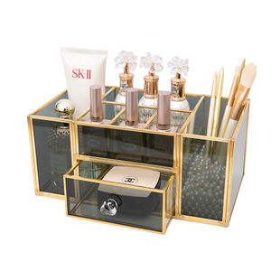 高档轻奢玻璃化妆品收纳盒梳妆台桌面笔刷桶美甲工具置物架金边