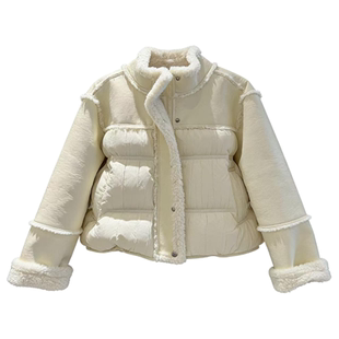 羊羔毛拼接短款羽绒服女2025冬季新款宽松立领保暖白鸭绒休闲外套