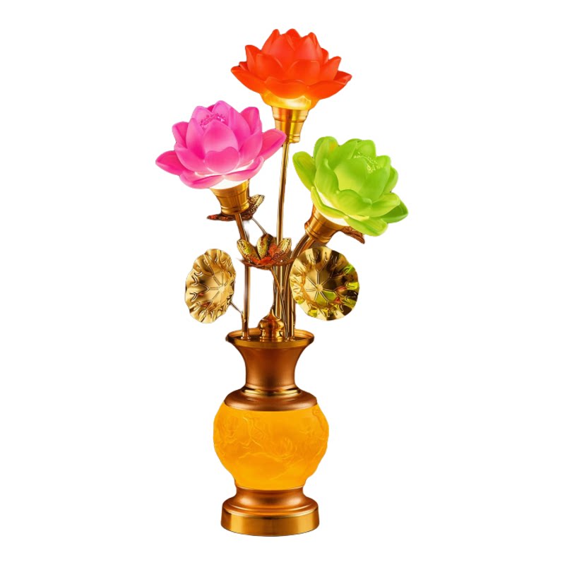 新款莲花灯供佛灯家用供奉琉璃七彩莲花灯插电led观音佛前供灯