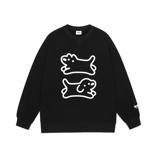 GUUKA&matsui联名小狗绒感印花黑色卫衣女款重磅纯棉加绒落肩上衣