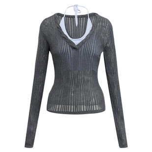 出逃赤岗西 假两件拼接撞色挂脖V领针织长袖T恤女早秋上衣打底衫