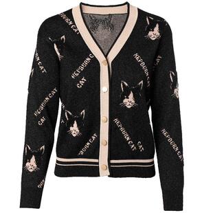 YINER音儿专选女装春季时尚V领卡通猫咪图案提花针织开衫