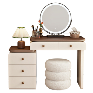 加厚实木中古风小户型梳妆台卧室现代简约奶油风化妆桌收纳柜一体