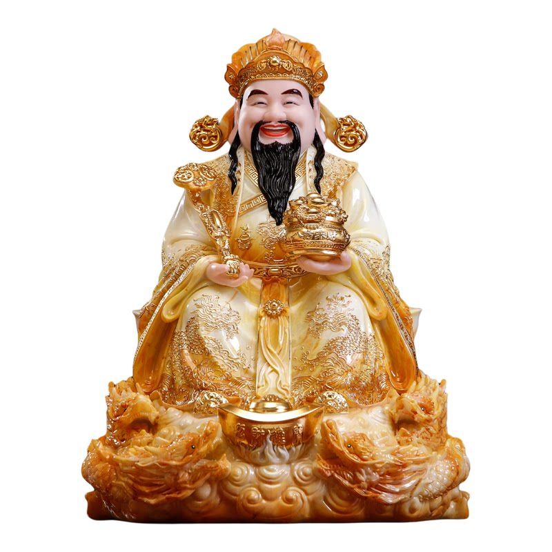 汉白玉彩绘九龙财神爷神像摆件