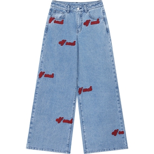 妖精的口袋立体字母绣花宽松牛仔裤女2026年早春新款浅色直筒裤子