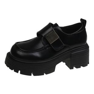 厚底乐福鞋女款2025春秋新款秋季魔术贴单鞋子粗跟百搭增高小皮鞋