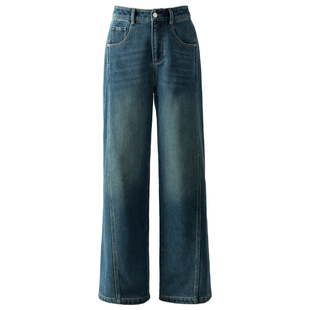 美式复古加绒阔腿牛仔裤女2025新款冬季梨型身材裤子宽松直筒裤