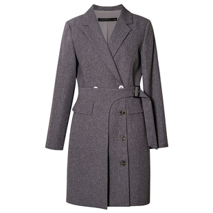 罗衣时尚通勤系带收腰连衣裙女春职场OL风深灰色长袖西装裙12795