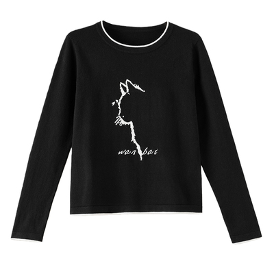 晚白撞色圆领舒适针织衫女