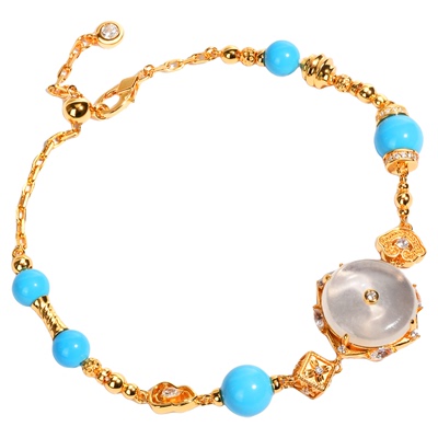 VISING珠宝黄金人造仿蓝松睡美人水沫平安扣手链手串S925银