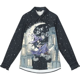妖精的口袋原创魔女满印黑色衬衫女2025年冬季新款设计感内搭衬衣