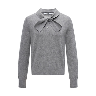 LILY2026春秋新款女装蝴蝶结气质休闲通勤灰色长袖针织衫毛衣上衣