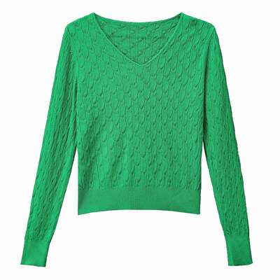 v领薄款镂空针织衫女短款毛衣