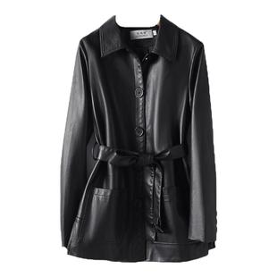 海宁皮衣女中长款翻领系带黑色气质真皮小个子秋冬新款绵羊皮外套