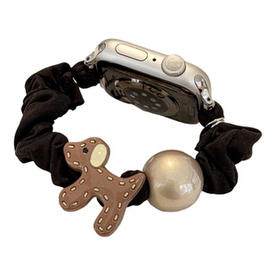 适用applewatchS11珍珠小狗弹力发圈表带SE可爱创意皮筋iwatch10/9/8/7尼龙单圈雪纺透气苹果手表ultra腕带女