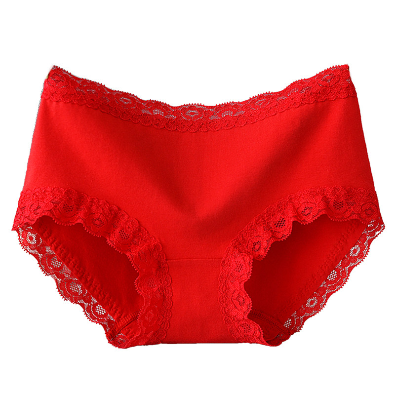 本命年大红色女士内裤女中腰纯棉裆日系蕾丝边无痕高腰三角底裤