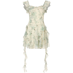 sincethen绿色法式连衣裙碎花吊带裙短裙短款穿搭小个子裙子女夏