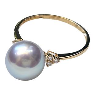 极光银灰蓝日本akoya海水珍珠戒指18k金钻石正圆镜面光真多麻简约