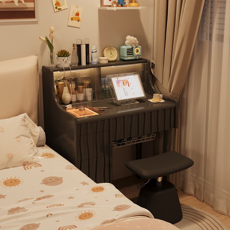 卧室办公桌梳妆台一体小户型80CM橡胶木多功能化妆台大容量防尘柜