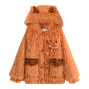 森女部落甜美设计感可爱立耳连帽绒衫外套女秋冬新款保暖宽松上衣